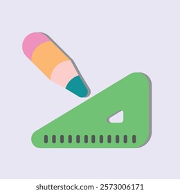 Stylized Drawing Tools Depicting a Multi-Colored Pencil and a Green Triangle Ruler Design