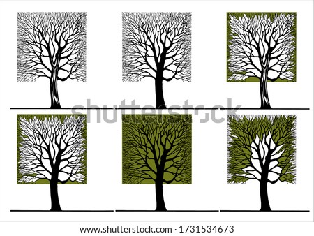 
A stylized drawing of a tree in the shape of a cube is made manually using a graphic technique. Trees showing seasons
