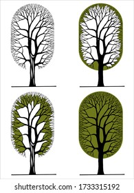 A stylized drawing of a tree in the shape of a oval is made manually using a graphic technique. Trees showing seasons