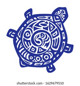 Stylized drawing of a turtle with an ornament. Blue object isolated on white background. Logo, print, symbol or tattoo. Ethno style. Vector illustration.
