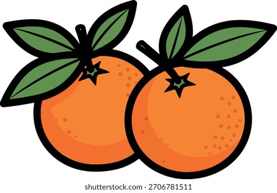 Um desenho estilizado de duas laranjas inteiras com folhas e caules verdes. A fruta é retratada com uma textura simples e contornos pretos em negrito em um estilo de desenho animado vetorial.