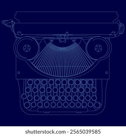 Stylized drawing of a typewriter with a blue background. The typewriter is shown in a black and white style, with the keys and the body of the typewriter outlined in blue