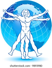 A stylized drawing of vitruvian man with a globe in the background