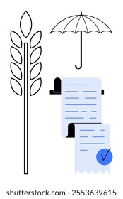 A stylized drawing with a wheat stalk, umbrella, and document highlights agricultural security. Ideal for farming policies, insurance, risk management, food production, sustainability. Modern, clean