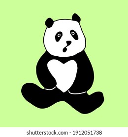 Stylized drawing of the whole body of a sitting panda. Simple animal bear icon or logo design. Black and white vector illustration isolated on green background