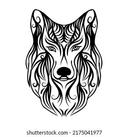 Stylized drawing of a wolf's head, ornament, coloring book. Decorative design of black and white wolf tattoo, decorative style.  wolf's head. Illustration of a wolf, animals, logo, mascot, symbols.