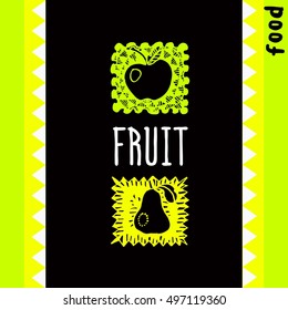 stylized drawings, apple, pear, fruit, black, bright color