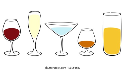 Stylized drawings of five different glasses with colored drinks