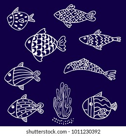 Stylized drawn fish. Vector sketch composition