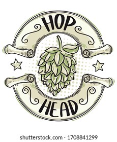 Stylized drawn hop head beer brewing emblem