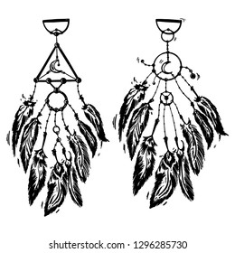 Stylized dream catcher with feathers. Template for cards and any printing products, printing on clothing. Vector illustration.