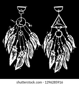 Stylized dream catcher with feathers. Template for cards and any printing products, printing on clothing. Vector illustration.