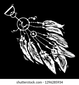 Stylized dream catcher with feathers. Template for cards and any printing products, printing on clothing. Vector illustration.