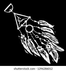 Stylized dream catcher with feathers. Template for cards and any printing products, printing on clothing. Vector illustration.