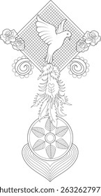 Stylized Dreamcatcher Illustration with Dove and Roses, Black and white outline illustration of a traditional-inspired dreamcatcher design featuring a dove in flight, roses, feathers, geometric