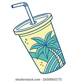 A stylized drink cup with a palm tree design, featuring light yellow and teal colors, and a straw.