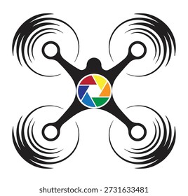 Um logotipo de drone estilizado com uma paleta de fotografia multicolorida em seu centro, contra um fundo transparente, simbolizando fotografia aérea e criatividade.
