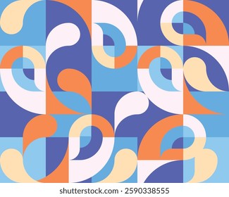 Stylized drops made in geometric shapes, bauhaus color pattern. 
Kitchen apron or cheerful bathroom tile panel. Orange and blue effect of overlay contrasting colors. Vector seamless texture 