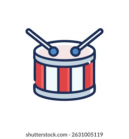 Stylized drum illustration with drumsticks featuring red and white stripes against black. Simple shapes and cartoon style.