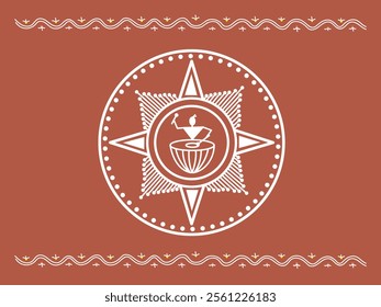 Stylized drummer in traditional round pattern on brown background. Flat vector illustration in old Indian Sora of Idittals or Warli style.