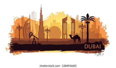 El paisaje estilizado de Dubái con puntos y pinturas. Emiratos Árabes Unidos