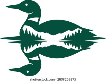 Stylized duck silhouette reflecting a forest landscape against a serene water backdrop