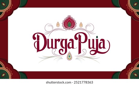 Stylized Durga Puja text in maroon calligraphic font with decorative flourishes and teardrop flame like designs above The white background is framed by decorative border elements on both sides 