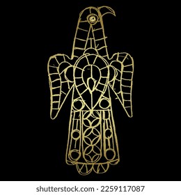 Stylized eagle bird. Medieval Visigoth design from Spain. Hand drawn linear doodle rough sketch. Golden silhouette on black background.