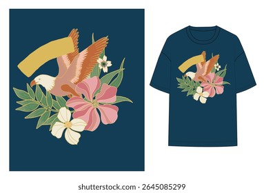 A stylized eagle flying over blooming flowers and tropical foliage, set against a deep navy background. This retro-inspired t-shirt graphic combines nature elements with bold composition