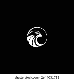 Stylized eagle head design in white circle against stark black backdrop