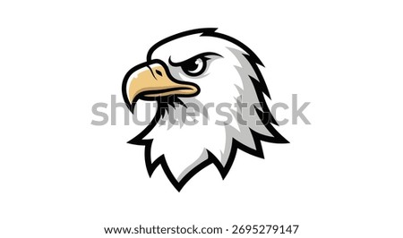 A stylized eagle head mascot with a determined expression, featuring a sharp beak and detailed feather texture, perfect for sports teams or branding.