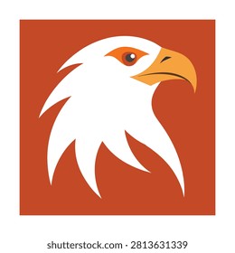 Stylized eagle head profile with white feathers and orange beak on a solid orange square background