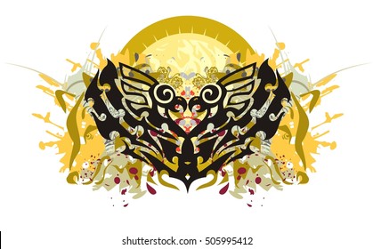 The stylized eagle heart against the decorative sun with colorful splashes, the heads of a wolf and blood drops