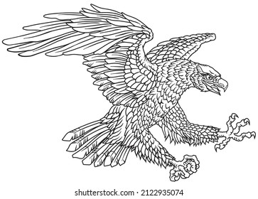 stylized eagle. Landing attacking prey bird. Outline graphic style vector illustration. Black and white tatoo