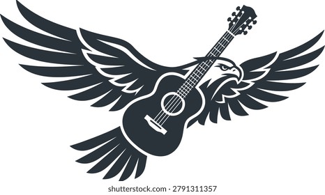 Stylized eagle with outspread wings holding a guitar, monochrome