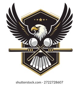 A stylized eagle with outstretched wings perches on a black shield with gold trim, holding baseball bats and balls in its talons, with three gold stars above, on a white background