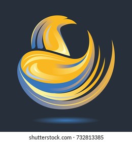 Stylized Eagle or Phoenix icon in golden, blue, yellow and black colors. Circle composition. Flame and fire. Vector illustration. Works well as a tattoo, emblem, print or mascot.