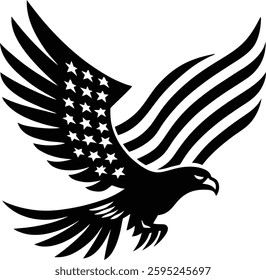 stylized eagle soaring with an American flag