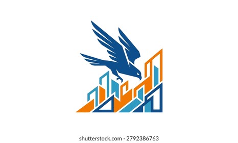 stylized eagle soaring over geometric cityscape with abrupt lines