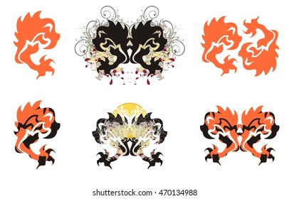 Stylized eagle symbols. Flaming attacking eagle, double symbols of an eagle in grunge style