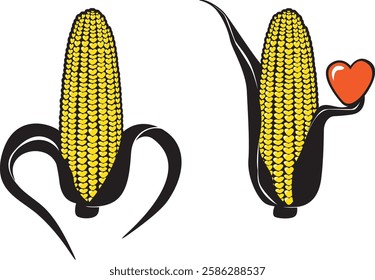 Stylized ears of corn, rendered in a simple graphic style, feature yellow, heart-shaped kernels and black husks. The left ear's husks are shaped like a heart, while the right ear holds a red heart.