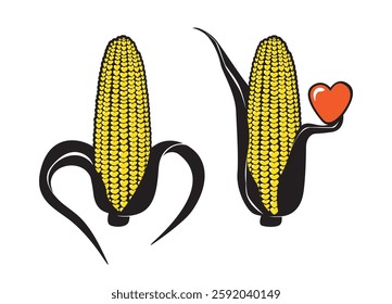 Stylized ears of corn, rendered in a simple graphic style, feature yellow, heart-shaped kernels and black husks. The left ear's husks are shaped like a heart, while the right ear holds a red heart.