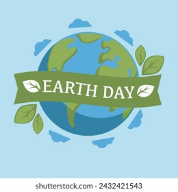 Tierra estilizada con un banner, ilustración vectorial, fondo azul, perfecto para la conciencia y promoción del Día de la Tierra.