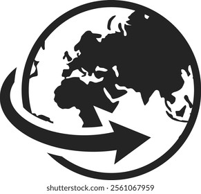 Stylized Earth globe with continents surrounded by a circular arrow, representing concepts like global trade, international business, worldwide shipping, and planet Earth's interconnectedness