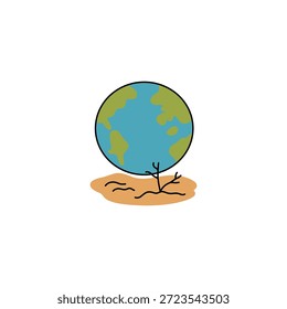 Globo terrestre estilizado com terra seca e rachada e uma árvore estéril. Ilustra questões ambientais, mudanças climáticas e preocupações com sustentabilidade. Design simples e limpo.
