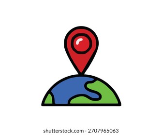 Un globo terráqueo estilizado con un marcador de pin de ubicación rojo en la parte superior.