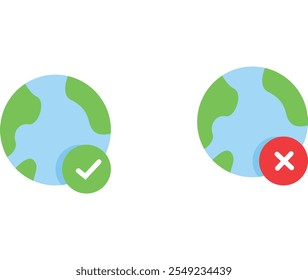 Stylized Earth icons with checkmark and cross, concept for eco-friendly choices.