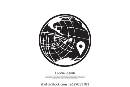 Stylized earth representation in black and white with map pin. Modern design shows continents and geographic marker. Simple icon style.