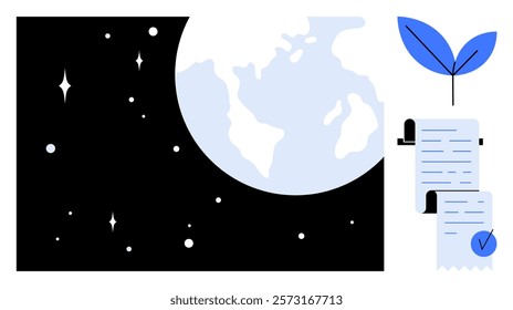 Stylized Earth in space with scrolls and blue leaves. Ideal for environment, sustainability, certification, conservation, space exploration. Clean modern vector style