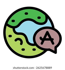 Stylized earth with a speech bubble containing the letter a representing global communication, translation, and language learning